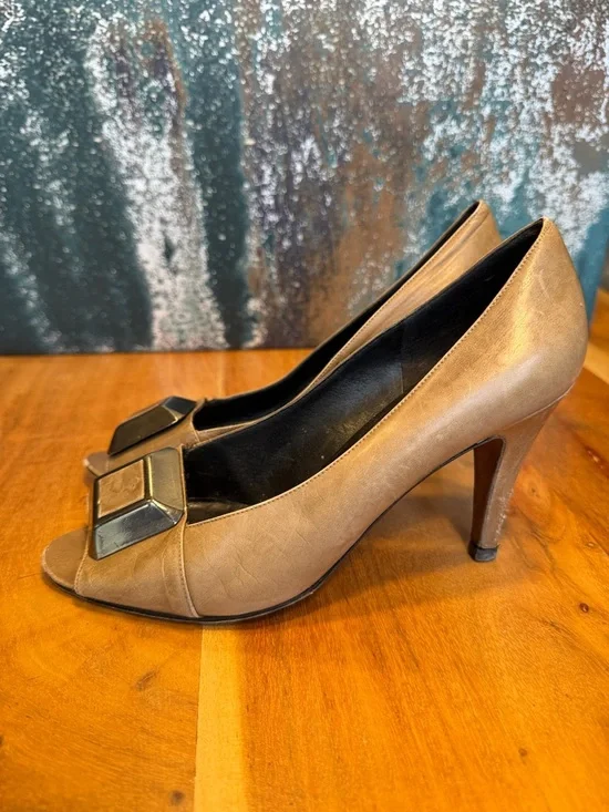 Yves Saint Laurent Vintage 90s Quiet Luxury Leather Peep Toe Heels Taupe/Tan - Picture 5 of 17